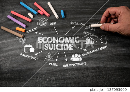 ECONOMIC SUICIDE Concept. Black scratched textured chalkboard background 127093900