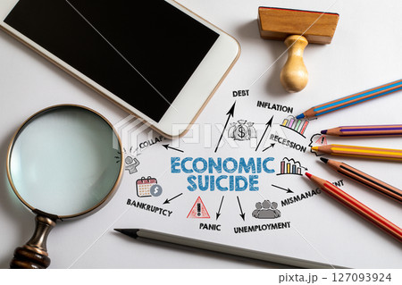 ECONOMIC SUICIDE Concept. Chart and illustration on a white office desk ECONOMIC SUICIDE Concept. Chart and illustration on a white office desk 127093924