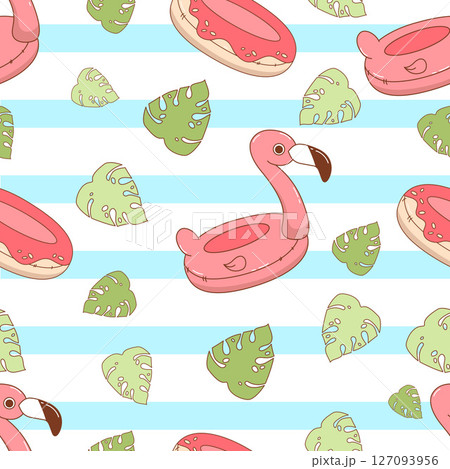 Beach Seamless pattern. Cute summer Toy inflatable pink flamingo and donut pool on white blue striped background with tropical leaves. Vector illustration. Kids collection 127093956