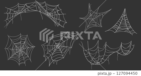 Spiderweb corner line white border, gothic scary hanging net frame on dark background. Simple spooky halloween decoration. Cobweb spider trap. Spiderweb corner line white border, gothic scary hanging net frame on dark background. Simple spooky halloween decoration. Cobweb spider trap. 127094450