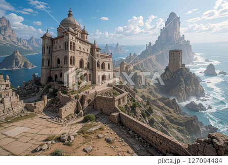 Majestic Ancient Castle Overlooking Scenic Ocean with Rugged Cliffs and Towers. 127094484