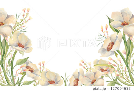 Watercolor border with white anemones, delicate greenery and small meadow flowers isolated on white. Hand painted floral frame peonies light yellow colors for invitations, spring themed packaging. 127094652