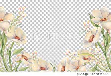Watercolor border with white anemones, delicate greenery and small meadow flowers isolated on white. Hand painted floral frame peonies light yellow colors for invitations, spring themed packaging. 127094652