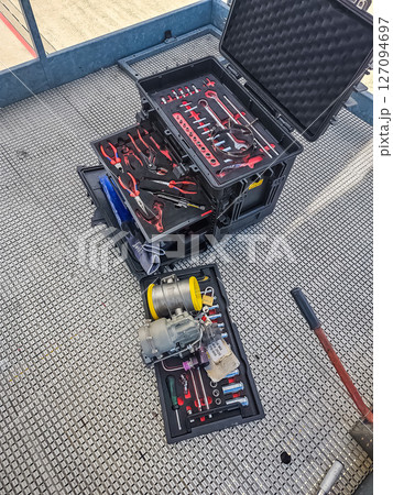 Aviation maintenance tool case with aircraft parts and mechanical instruments. High quality photo Aviation maintenance tool case with aircraft parts and mechanical instruments. High quality photo 127094697