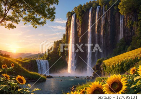 フィールドに咲くひまわりと大自然の滝 127095131
