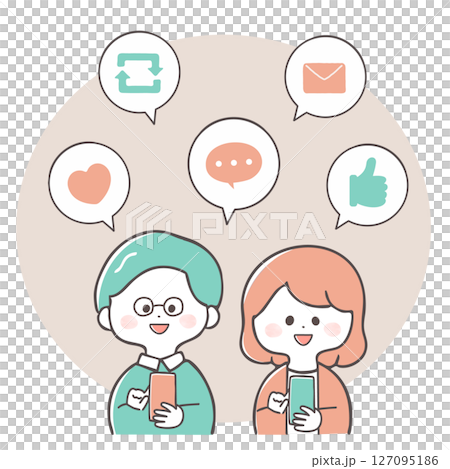 Illustration of men and women in their 30s and 40s enjoying SNS 127095186