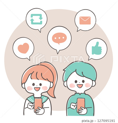 SNSを楽しんでいる制服姿の学生のイラスト 127095191