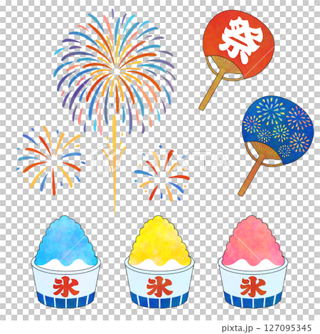 夏祭りイラストセット（花火・うちわ・かき氷） 127095345