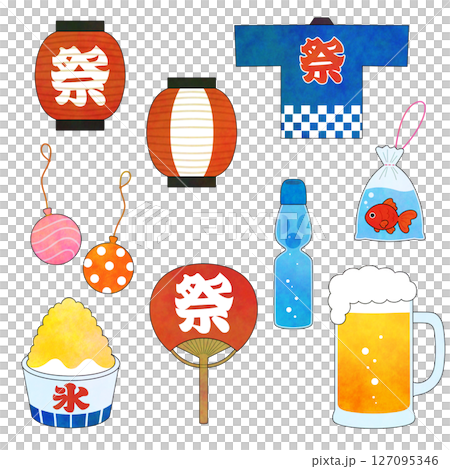 夏祭りのアイテムイラストセット(ヨーヨー・うちわ・かき氷など) 夏祭りのアイテムイラストセット(ヨーヨー・うちわ・かき氷など) 127095346