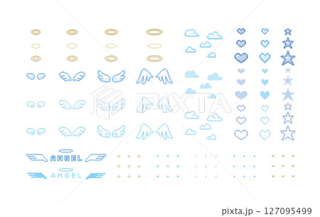 ドット絵　かわいい天使の羽の装飾イラストセット　翼　雲　光の輪　ピクセル 127095499