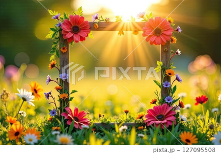 Summer wildflowers frame in sun rays with space for text on summer field background. AI generated 127095508