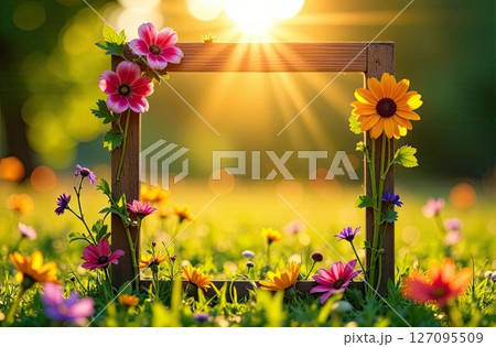 Summer wildflowers frame in sun rays with space for text on summer field background. AI generated Summer wildflowers frame in sun rays with space for text on summer field background. AI generated 127095509