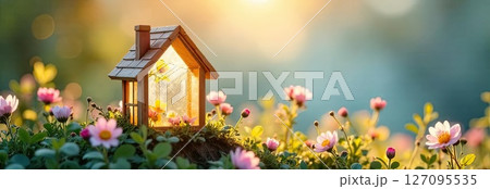 Tiny eco house greenhouse in sun rays, with spring flowers on spring pastel background. Real estate, dacha, summer house, mortgage, insurance, booking, construction, insulation. AI generated 127095535