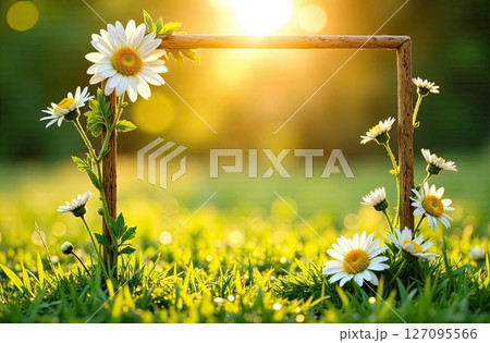 Summer daisy frame in sun rays with space for text on summer field background. AI generated 127095566