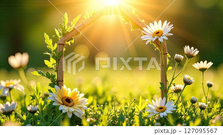 Tiny eco house greenhouse in sun rays, with summer daisies flowers on summer background in field. Real estate, dacha, summer house, mortgage, insurance, booking, construction, insulation. AI generated 127095567