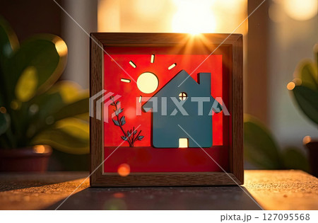Tiny frame festive house in sun rays application form in frame. Real estate, dacha, summer house, mortgage, insurance, booking, construction, insulation. AI generated 127095568