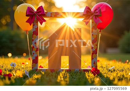 Tiny frame festive house in sun rays, with balloons and bows, birthday decor background in field. Real estate, dacha, summer house, mortgage, insurance, booking, construction, insulation. AI generated 127095569