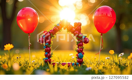 Tiny frame festive house in sun rays, with balloons and bows, birthday decor background in field. Real estate, dacha, summer house, mortgage, insurance, booking, construction, insulation. AI generated 127095582