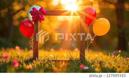 Summer Birthday frame in sun rays with balloons, bows, space for text on summer field background. AI generated 127095583