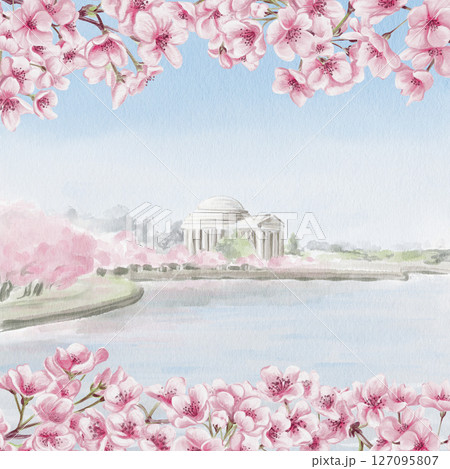 Cherry Blossom Festival in Washington DC. Jefferson Memorial during sakura.Lake with pink trees in the background. Postcard or template background. Watercolor illustration. Hand drawing. High quality Cherry Blossom Festival in Washington DC. Jefferson Memorial during sakura.Lake with pink trees in the background. Postcard or template background. Watercolor illustration. Hand drawing. High quality 127095807