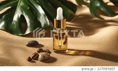 Dropper mockup with essential oil or serum on a stepped stand for product photography with tropical monstera leaves, generated AI 127095887