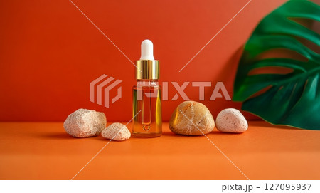 Dropper mockup with essential oil or serum on a stepped stand for product photography with tropical monstera leaves, generated AI Dropper mockup with essential oil or serum on a stepped stand for product photography with tropical monstera leaves, generated AI 127095937