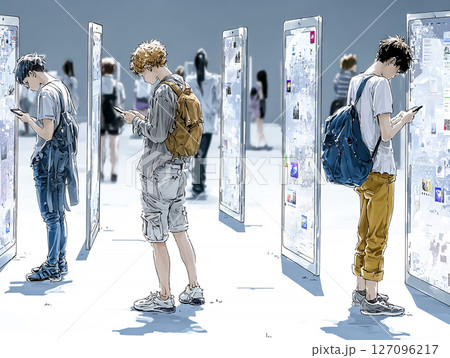 NFTアート展を鑑賞する若者たちのイラスト素材 127096217