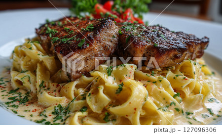 Top View of Pork Chop with Creamy Tagliatelle and Spices 127096306