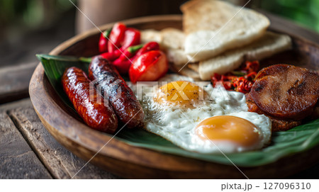 Orange Sausage and Eggs Breakfast Plate with Toast and Fruit Orange Sausage and Eggs Breakfast Plate with Toast and Fruit 127096310