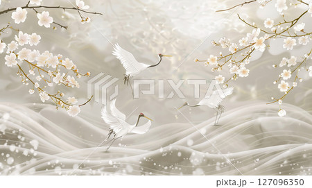 鶴と桜と波紋の美しい和風背景 127096350