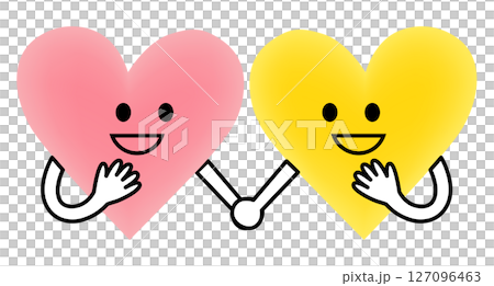 Pink and yellow smiling hearts holding hands 127096463