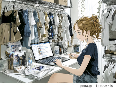 AI家庭教師を使って勉強する女子高校生のイラスト素材 127096710