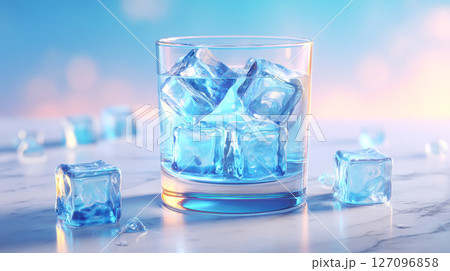 Ice cubes dissolving slowly in a half-full glass under soft ambient lighting 127096858