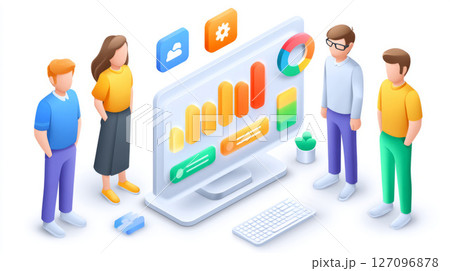 diverse team working with AI dashboard analyzing business performance in clean smart office 127096878