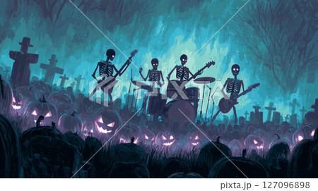 skeleton rock band performing in a graveyard with glowing pumpkins 127096898