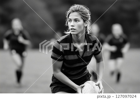 A woman in a striped shirt is holding a rugby ballのイラスト素材 [127097024 ...