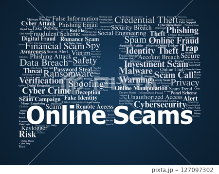 Online Scams Word Cloud. Keywords Reflecting Cyber Fraud Threats and Digital Deception Online Scams Word Cloud. Keywords Reflecting Cyber Fraud Threats and Digital Deception 127097302