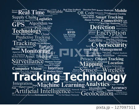 Tracking Technology Word Cloud. Concepts In GPS, AI, Monitoring, Data And IoT Tracking Technology Word Cloud. Concepts In GPS, AI, Monitoring, Data And IoT 127097311