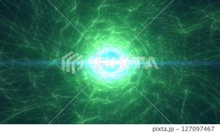 Green digital tunnel vortex formed by interconnected wireframe mesh lines and glowing energy center Green digital tunnel vortex formed by interconnected wireframe mesh lines and glowing energy center 127097467