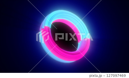 Neon pink and cyan glowing ring on dark blue background, representing digital energy or futuristic tech 127097469
