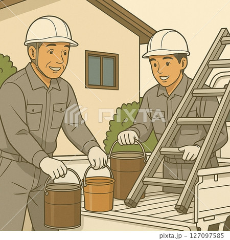 塗装職人の準備風景のイラスト　親方と弟子　家族経営　Generative AI 127097585