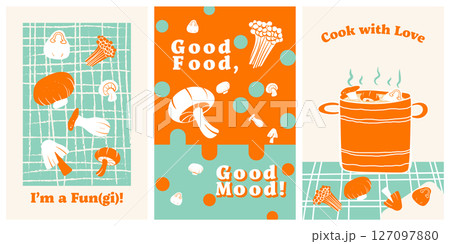 Set of 3 poster designs in healthy food concept, Veggie Time! Series. Cute hand drawn mushrooms illustration in minimal style, Orange, green and beige colors. Set of 3 poster designs in healthy food concept, Veggie Time! Series. Cute hand drawn mushrooms illustration in minimal style, Orange, green and beige colors. 127097880