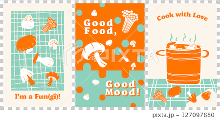 Set of 3 poster designs in healthy food concept, Veggie Time! Series. Cute hand drawn mushrooms illustration in minimal style, Orange, green and beige colors. Set of 3 poster designs in healthy food concept, Veggie Time! Series. Cute hand drawn mushrooms illustration in minimal style, Orange, green and beige colors. 127097880