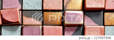 Glazed ceramic and speckled stone tiles in colorful checker pattern 127097996
