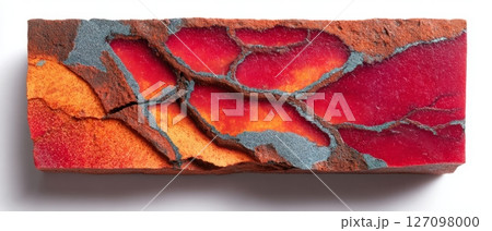 Top-down view of crimson stone slab with intricate chocolate-brown veins in natural lighting 127098000