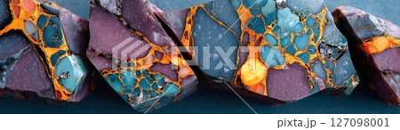 Semiprecious gemstone with violet and teal fragments with golden inclusions in macro view 127098001