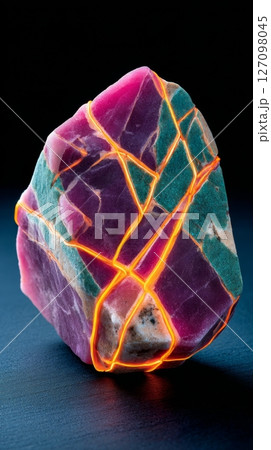 Semiprecious marble stone surface with vibrant mineral veins, colorful texture, abstract natural pattern, close-up view background 127098045
