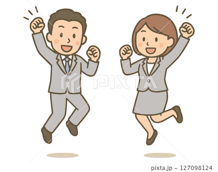 やる気に満ち溢れてジャンプするスーツ姿の男女ビジネスマンのイラスト 127098124