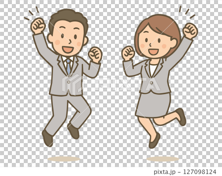 やる気に満ち溢れてジャンプするスーツ姿の男女ビジネスマンのイラスト 127098124