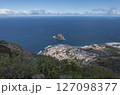Aerial view of old town Garachico from Mirador de Garachico view point. Colorful houses and harbor. Ocean shore with lava rock pools. Popular tourist destination, Tenerife Canary Islands. 127098377